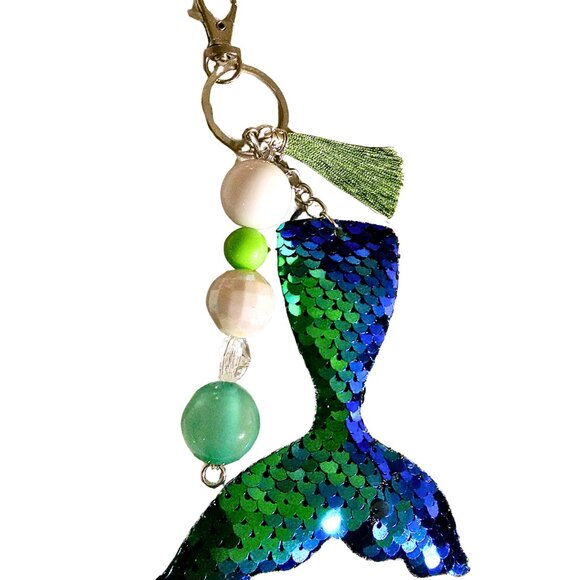 Plush Green Sequin Mermaid Tail Keychain Silk Tassel, Beads, Purse Charm, Backpk - Picture 1 of 1